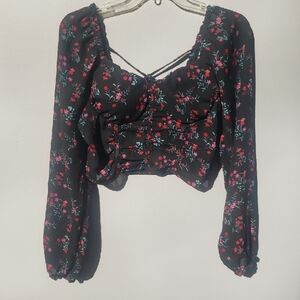 Madden NYC Top Women's S Sheer Milkmaid Crop Dark Floral Coquette Whimsygoth